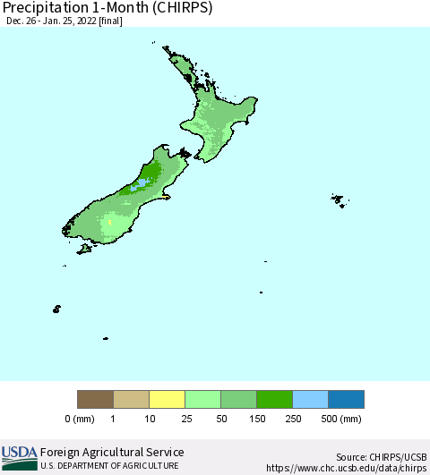 New Zealand Precipitation 1-Month (CHIRPS) Thematic Map For 12/26/2021 - 1/25/2022