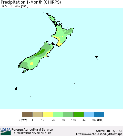 New Zealand Precipitation 1-Month (CHIRPS) Thematic Map For 1/1/2022 - 1/31/2022