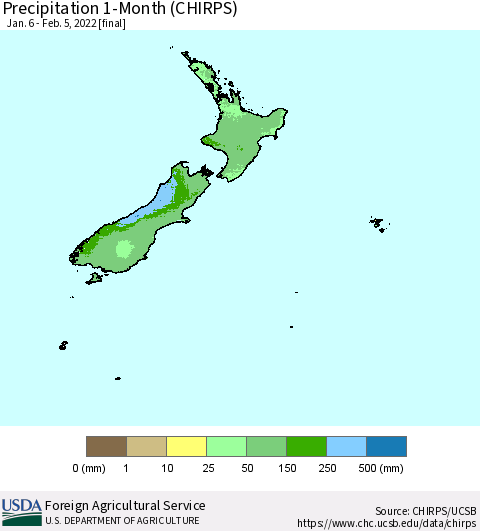 New Zealand Precipitation 1-Month (CHIRPS) Thematic Map For 1/6/2022 - 2/5/2022