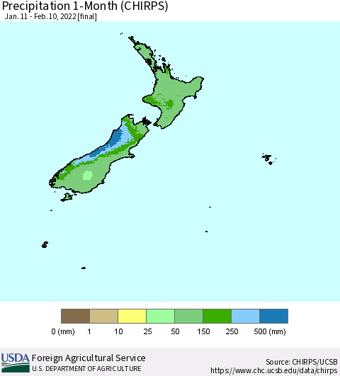 New Zealand Precipitation 1-Month (CHIRPS) Thematic Map For 1/11/2022 - 2/10/2022