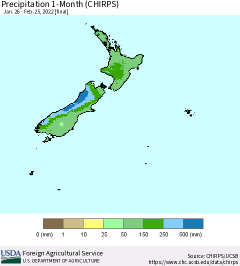 New Zealand Precipitation 1-Month (CHIRPS) Thematic Map For 1/26/2022 - 2/25/2022