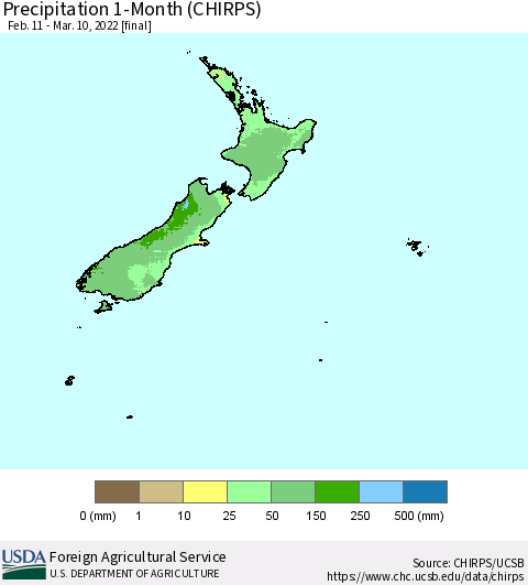New Zealand Precipitation 1-Month (CHIRPS) Thematic Map For 2/11/2022 - 3/10/2022