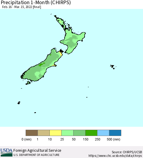 New Zealand Precipitation 1-Month (CHIRPS) Thematic Map For 2/16/2022 - 3/15/2022