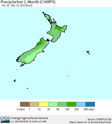 New Zealand Precipitation 1-Month (CHIRPS) Thematic Map For 2/26/2022 - 3/25/2022