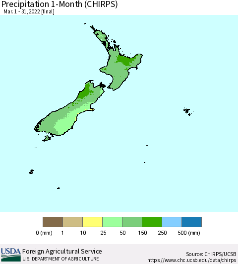 New Zealand Precipitation 1-Month (CHIRPS) Thematic Map For 3/1/2022 - 3/31/2022