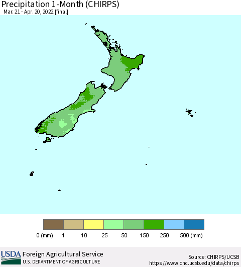 New Zealand Precipitation 1-Month (CHIRPS) Thematic Map For 3/21/2022 - 4/20/2022