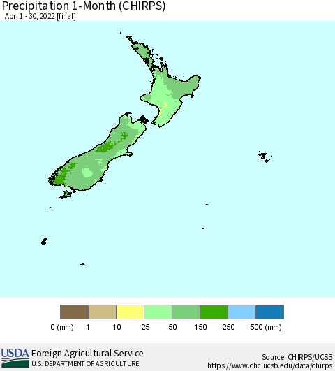 New Zealand Precipitation 1-Month (CHIRPS) Thematic Map For 4/1/2022 - 4/30/2022