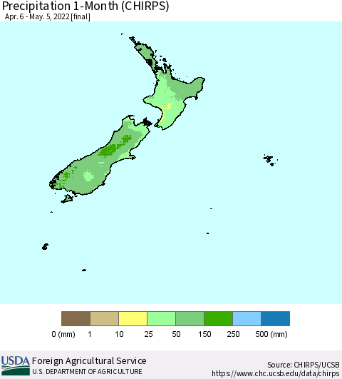 New Zealand Precipitation 1-Month (CHIRPS) Thematic Map For 4/6/2022 - 5/5/2022