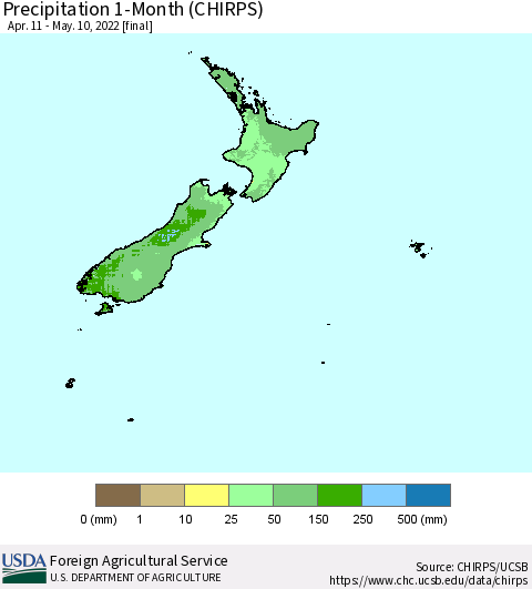 New Zealand Precipitation 1-Month (CHIRPS) Thematic Map For 4/11/2022 - 5/10/2022