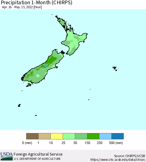 New Zealand Precipitation 1-Month (CHIRPS) Thematic Map For 4/16/2022 - 5/15/2022