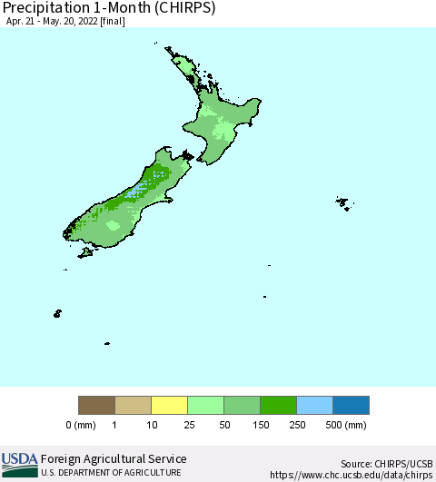 New Zealand Precipitation 1-Month (CHIRPS) Thematic Map For 4/21/2022 - 5/20/2022