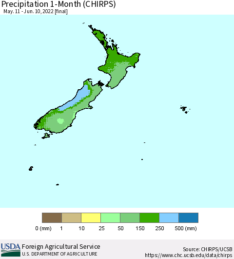 New Zealand Precipitation 1-Month (CHIRPS) Thematic Map For 5/11/2022 - 6/10/2022