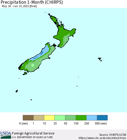 New Zealand Precipitation 1-Month (CHIRPS) Thematic Map For 5/16/2022 - 6/15/2022