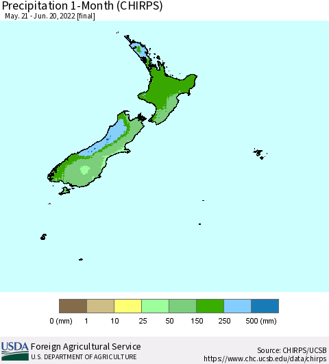 New Zealand Precipitation 1-Month (CHIRPS) Thematic Map For 5/21/2022 - 6/20/2022