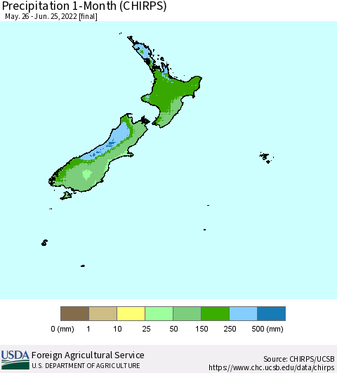 New Zealand Precipitation 1-Month (CHIRPS) Thematic Map For 5/26/2022 - 6/25/2022
