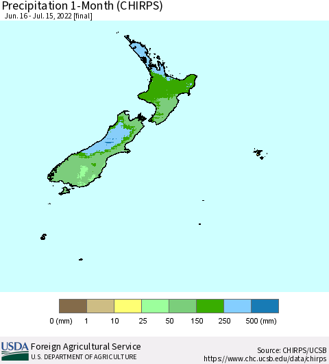 New Zealand Precipitation 1-Month (CHIRPS) Thematic Map For 6/16/2022 - 7/15/2022