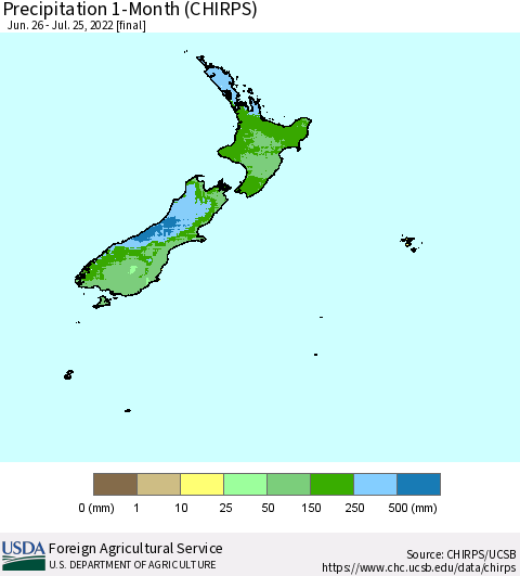 New Zealand Precipitation 1-Month (CHIRPS) Thematic Map For 6/26/2022 - 7/25/2022