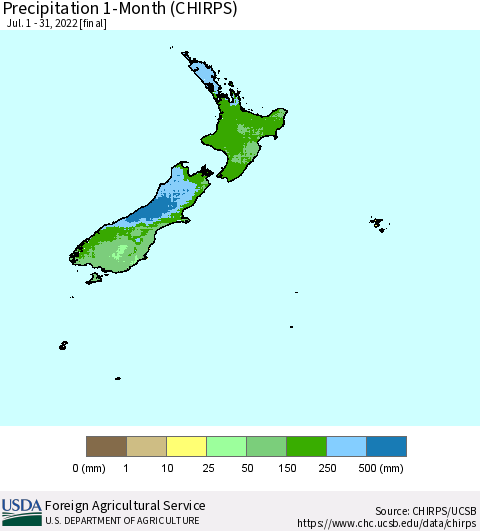 New Zealand Precipitation 1-Month (CHIRPS) Thematic Map For 7/1/2022 - 7/31/2022