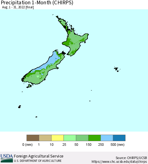 New Zealand Precipitation 1-Month (CHIRPS) Thematic Map For 8/1/2022 - 8/31/2022