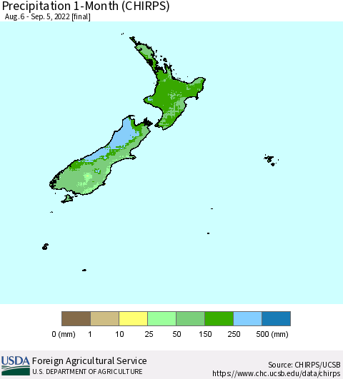 New Zealand Precipitation 1-Month (CHIRPS) Thematic Map For 8/6/2022 - 9/5/2022