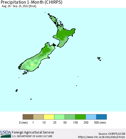 New Zealand Precipitation 1-Month (CHIRPS) Thematic Map For 8/26/2022 - 9/25/2022