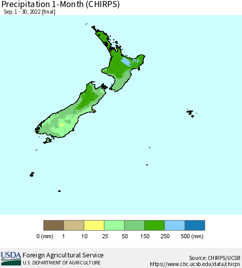 New Zealand Precipitation 1-Month (CHIRPS) Thematic Map For 9/1/2022 - 9/30/2022