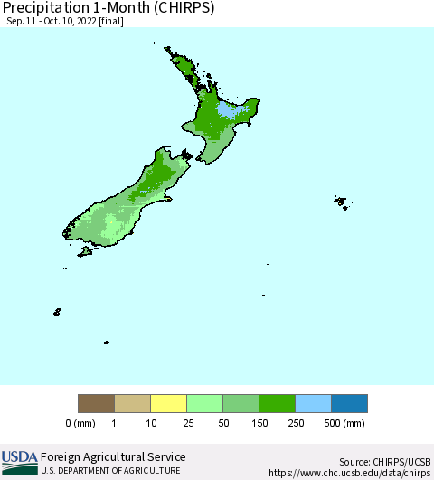 New Zealand Precipitation 1-Month (CHIRPS) Thematic Map For 9/11/2022 - 10/10/2022