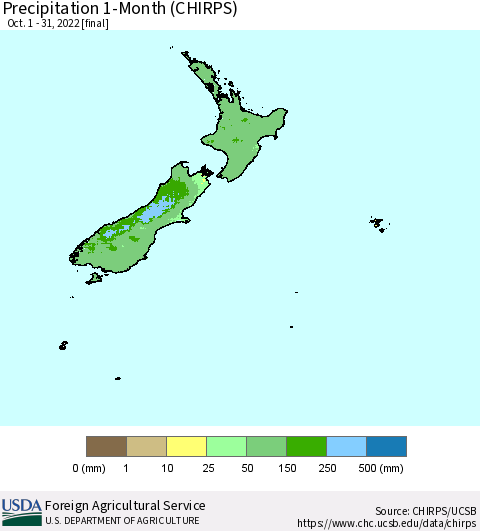 New Zealand Precipitation 1-Month (CHIRPS) Thematic Map For 10/1/2022 - 10/31/2022
