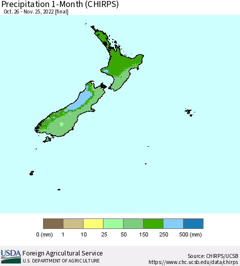New Zealand Precipitation 1-Month (CHIRPS) Thematic Map For 10/26/2022 - 11/25/2022