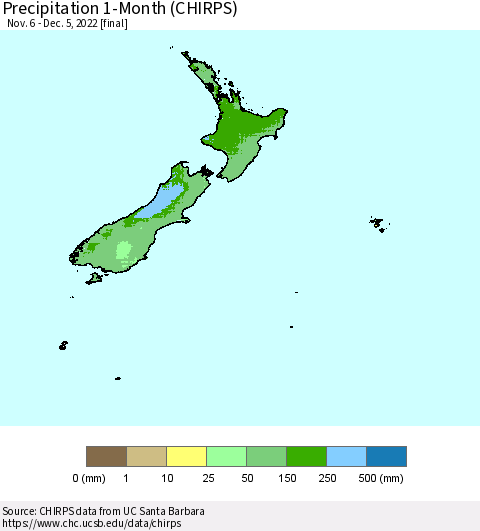 New Zealand Precipitation 1-Month (CHIRPS) Thematic Map For 11/6/2022 - 12/5/2022