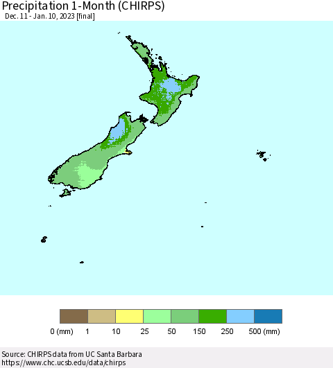 New Zealand Precipitation 1-Month (CHIRPS) Thematic Map For 12/11/2022 - 1/10/2023