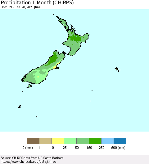 New Zealand Precipitation 1-Month (CHIRPS) Thematic Map For 12/21/2022 - 1/20/2023