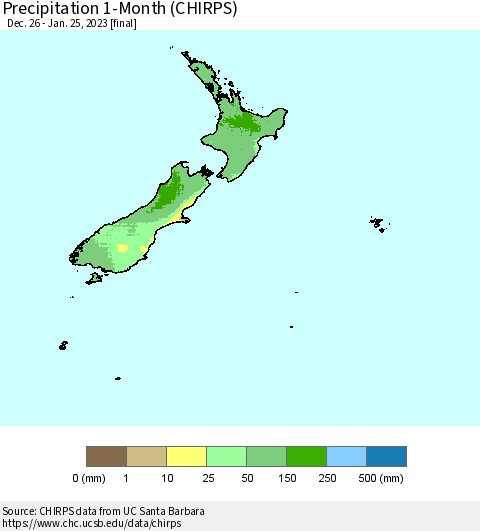 New Zealand Precipitation 1-Month (CHIRPS) Thematic Map For 12/26/2022 - 1/25/2023