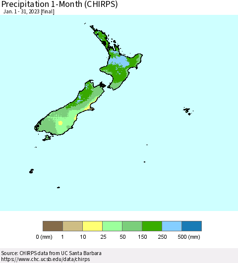 New Zealand Precipitation 1-Month (CHIRPS) Thematic Map For 1/1/2023 - 1/31/2023