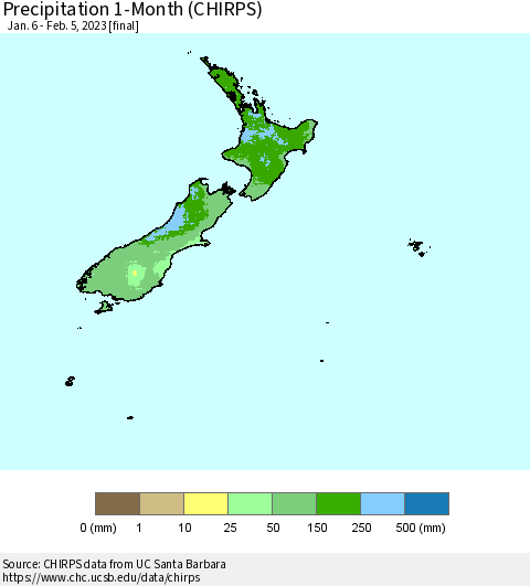 New Zealand Precipitation 1-Month (CHIRPS) Thematic Map For 1/6/2023 - 2/5/2023