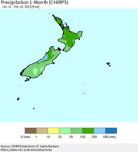 New Zealand Precipitation 1-Month (CHIRPS) Thematic Map For 1/11/2023 - 2/10/2023