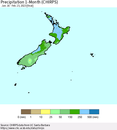 New Zealand Precipitation 1-Month (CHIRPS) Thematic Map For 1/16/2023 - 2/15/2023