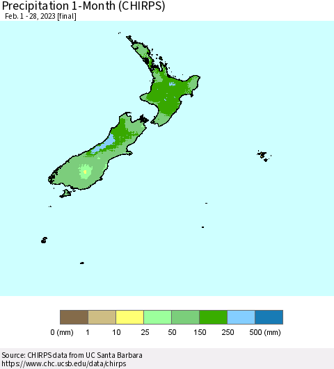 New Zealand Precipitation 1-Month (CHIRPS) Thematic Map For 2/1/2023 - 2/28/2023