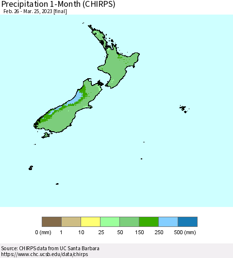 New Zealand Precipitation 1-Month (CHIRPS) Thematic Map For 2/26/2023 - 3/25/2023