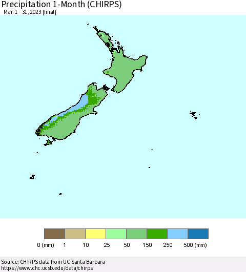 New Zealand Precipitation 1-Month (CHIRPS) Thematic Map For 3/1/2023 - 3/31/2023