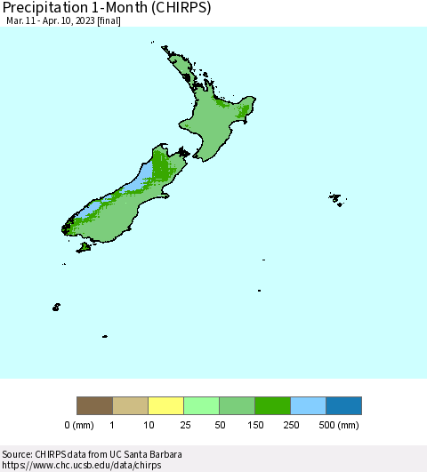 New Zealand Precipitation 1-Month (CHIRPS) Thematic Map For 3/11/2023 - 4/10/2023