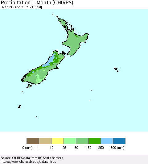 New Zealand Precipitation 1-Month (CHIRPS) Thematic Map For 3/21/2023 - 4/20/2023