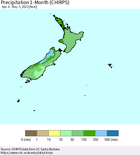 New Zealand Precipitation 1-Month (CHIRPS) Thematic Map For 4/6/2023 - 5/5/2023