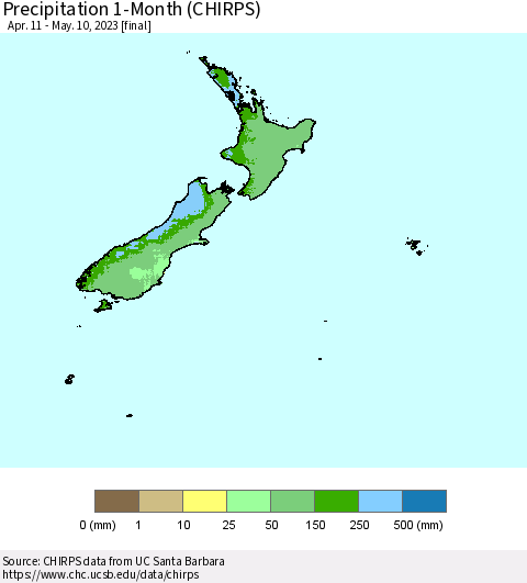 New Zealand Precipitation 1-Month (CHIRPS) Thematic Map For 4/11/2023 - 5/10/2023