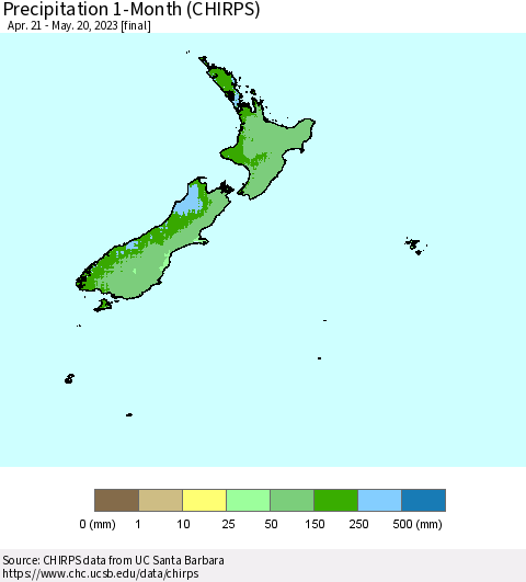 New Zealand Precipitation 1-Month (CHIRPS) Thematic Map For 4/21/2023 - 5/20/2023