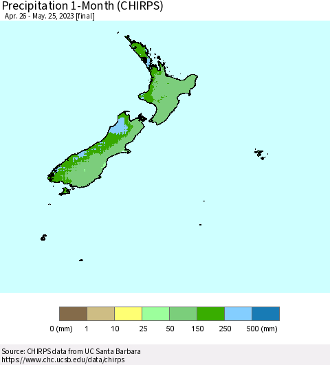 New Zealand Precipitation 1-Month (CHIRPS) Thematic Map For 4/26/2023 - 5/25/2023