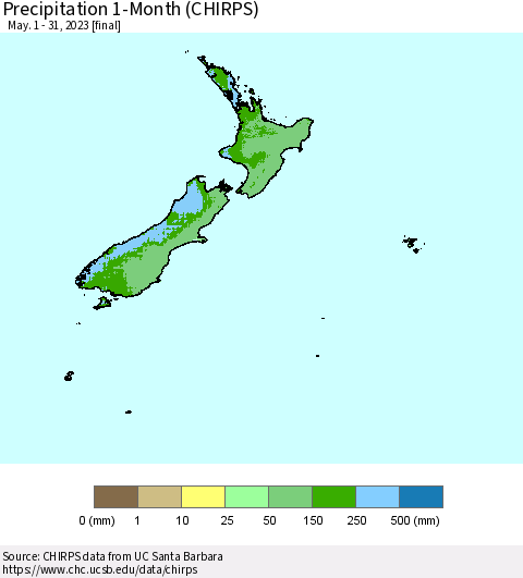 New Zealand Precipitation 1-Month (CHIRPS) Thematic Map For 5/1/2023 - 5/31/2023