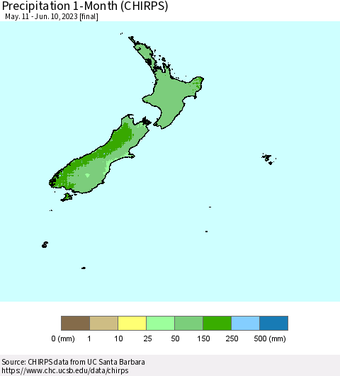 New Zealand Precipitation 1-Month (CHIRPS) Thematic Map For 5/11/2023 - 6/10/2023