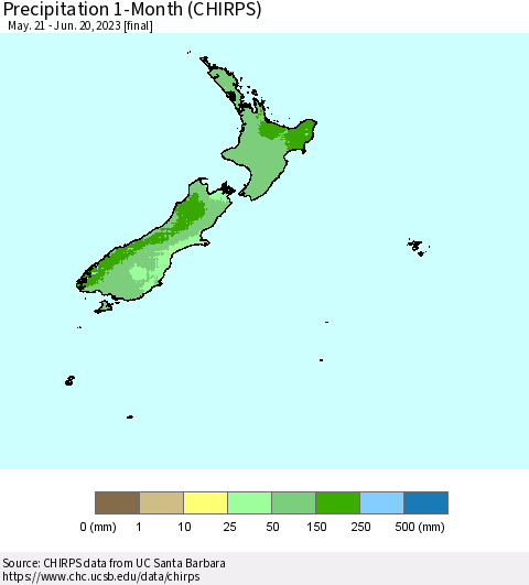 New Zealand Precipitation 1-Month (CHIRPS) Thematic Map For 5/21/2023 - 6/20/2023