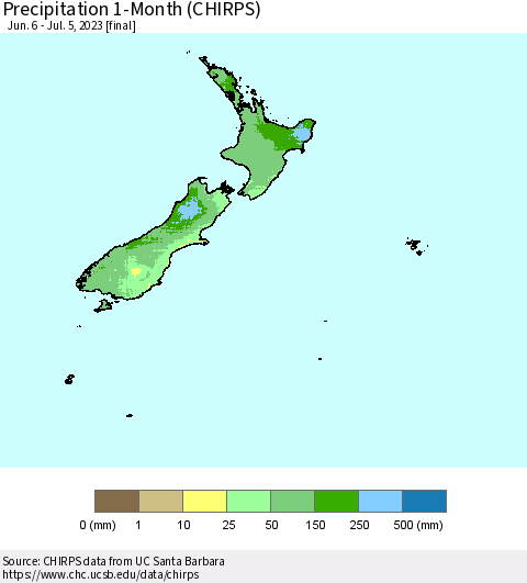 New Zealand Precipitation 1-Month (CHIRPS) Thematic Map For 6/6/2023 - 7/5/2023